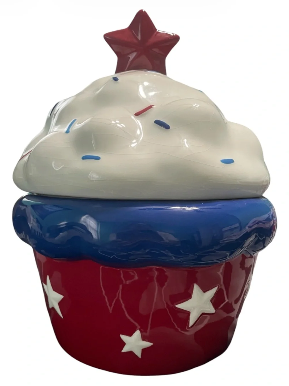 Patriotic Ceramics Cupcake shaped Cookie Jar In Patriotic Red, White & Blue